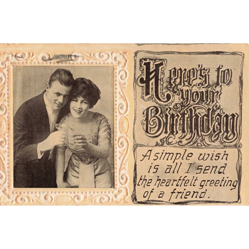 Vintage 1911 Embossed Birthday Postcard Couple Toasting 1c Franklin Stamp Patton - Picture 1 of 2